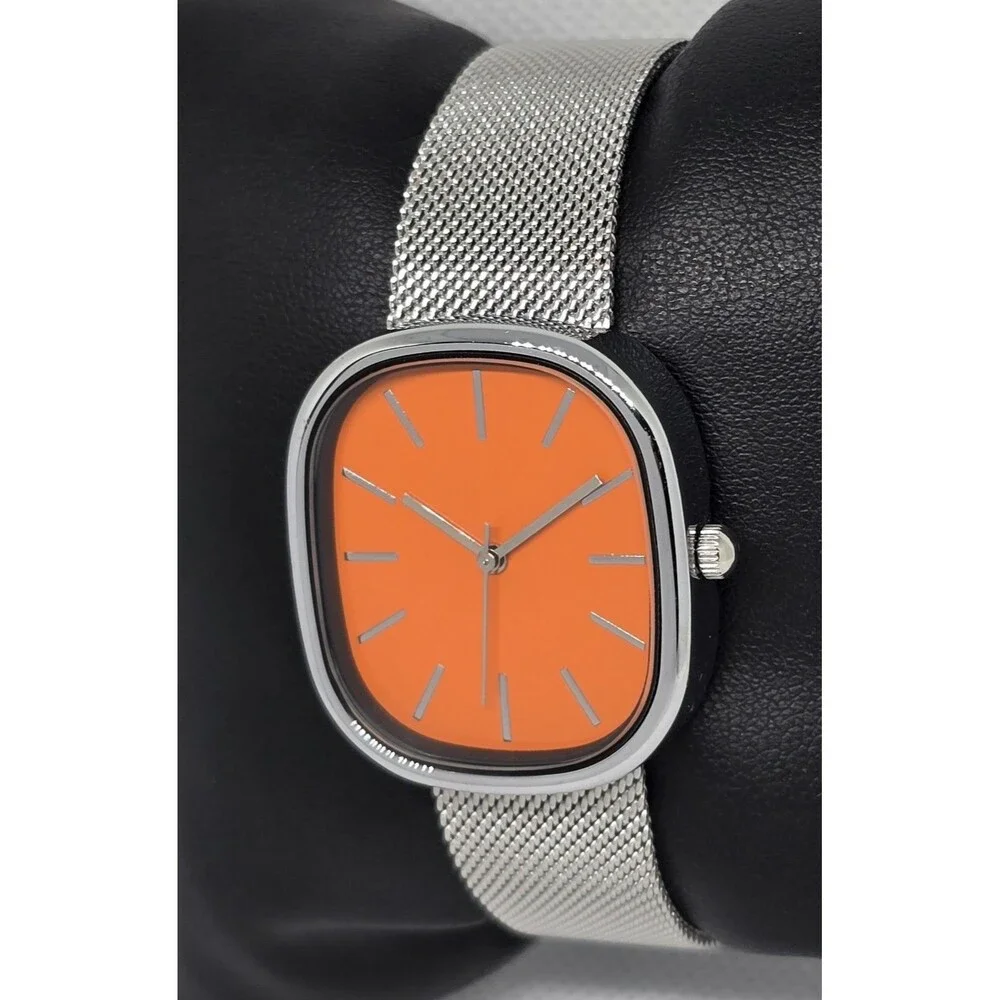 Women’s Bislay Minimalistic Orange Dial Silver Tone Case Mesh Band Watch 13 - Picture 2 of 8